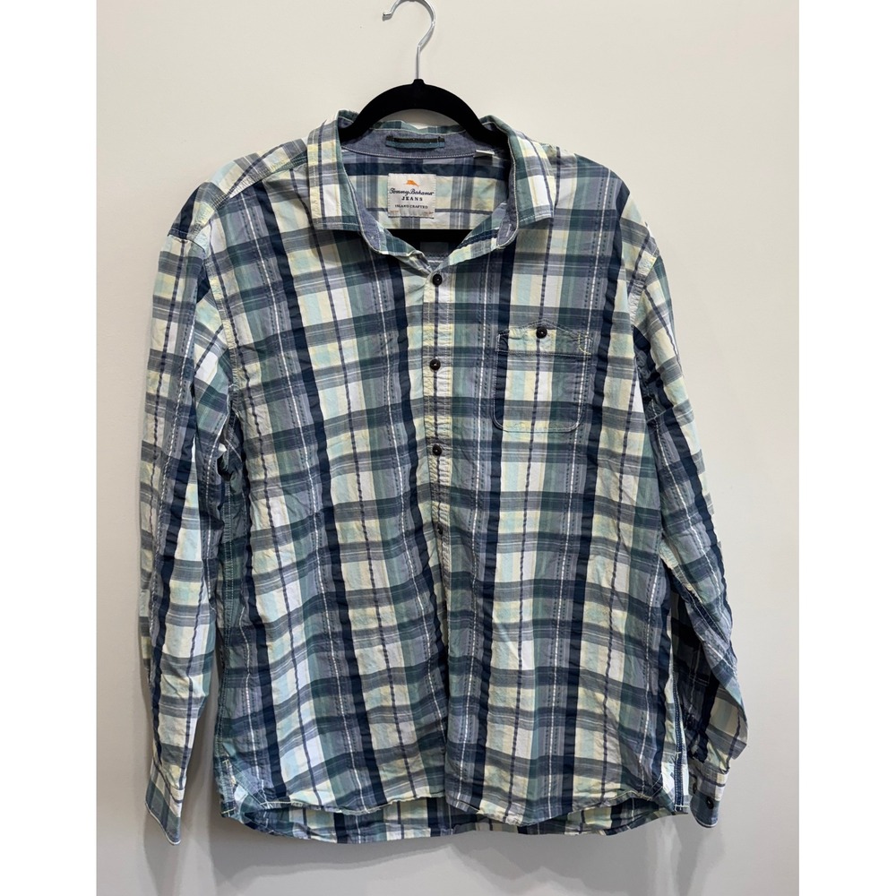 Tommy Bahama Mens XL Blue Green Plaid Button Down Shirt 100% Cotton